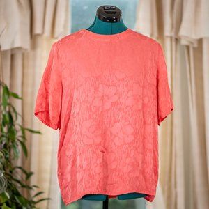 Vintage 100% Silk Coral Pink Floral Short Sleeve Blouse Large